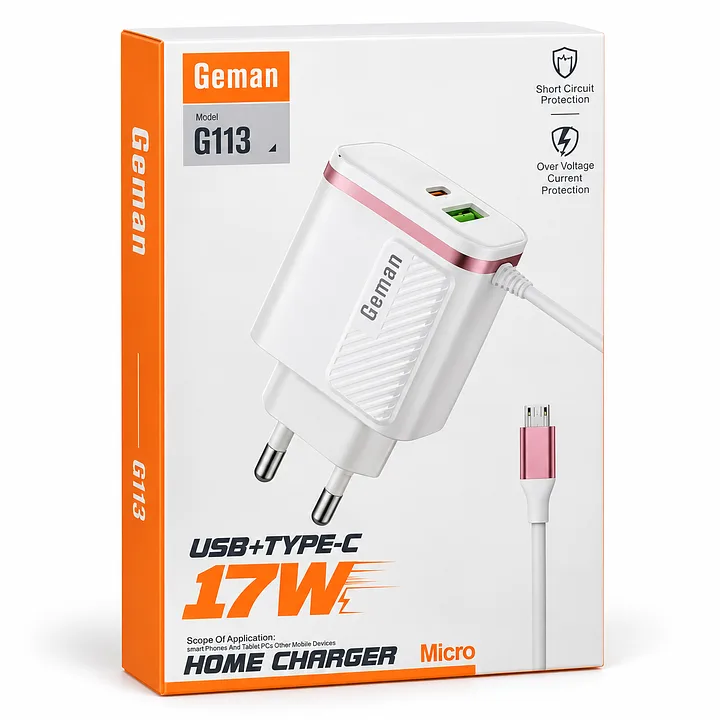 17W Fast Charging Adapter with USB & Type-C Cable G-113