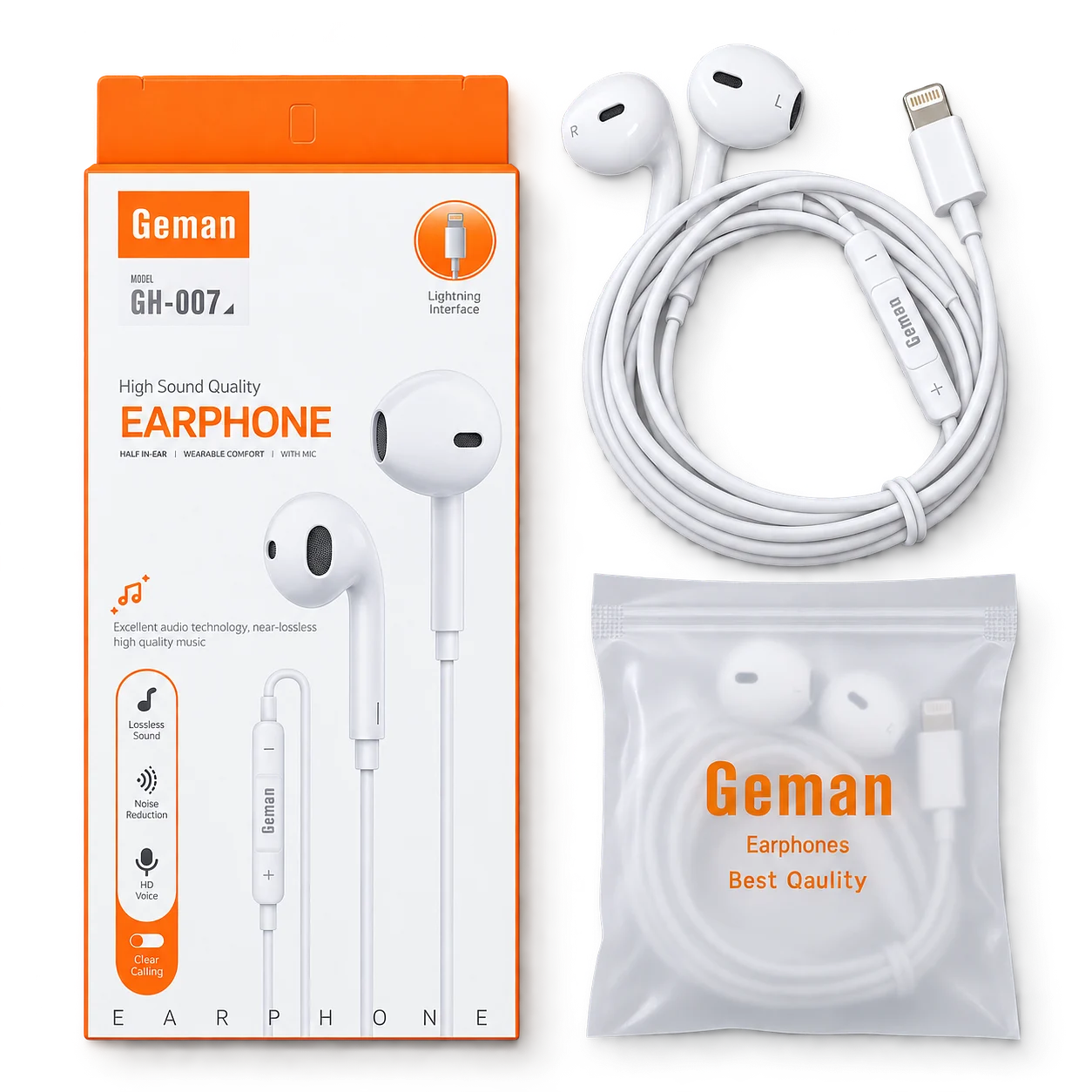 Geman GH-007 Lightning Earphones for iPhone with Microphone & Volume Control GH-007