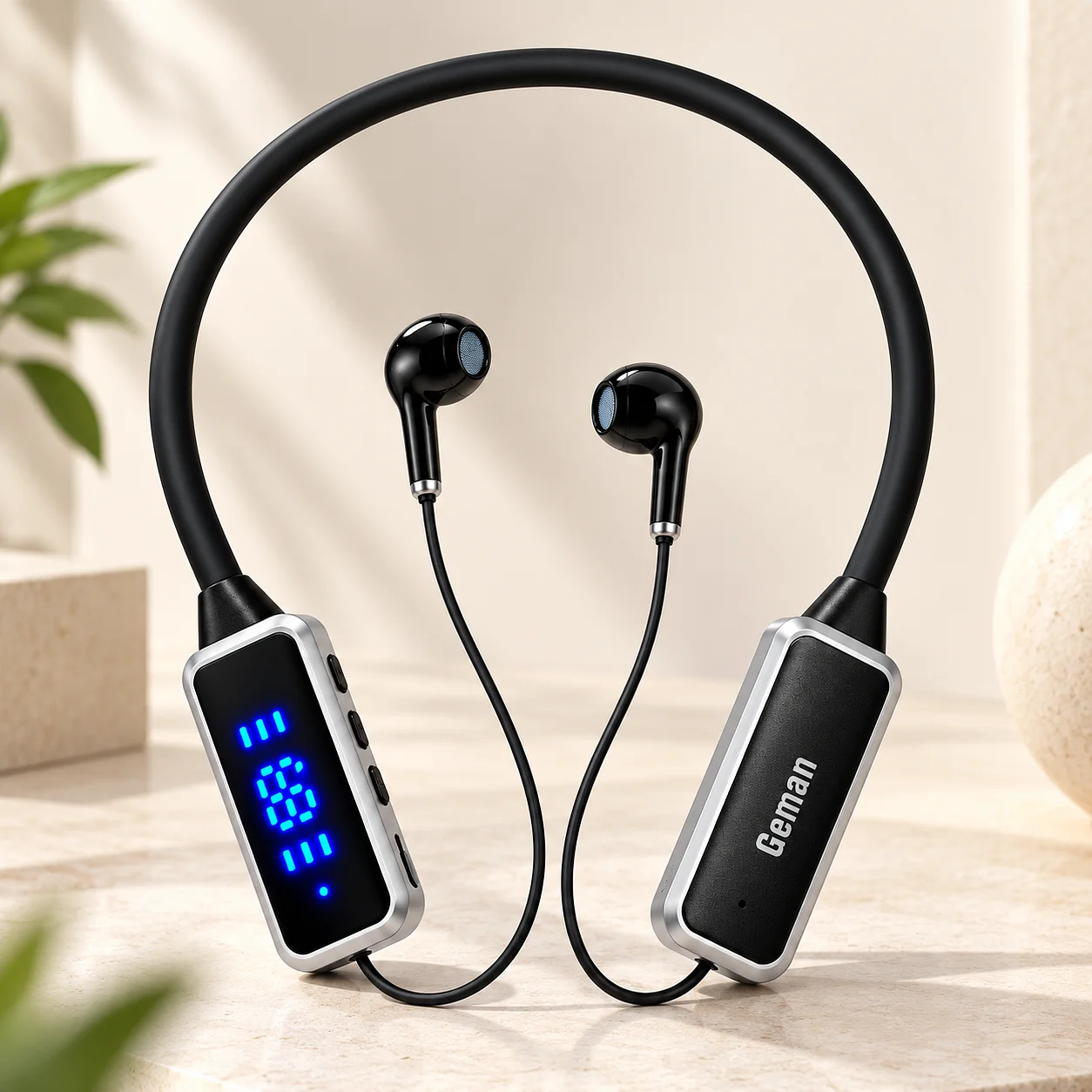 GEMAN GN-07 Wireless Bluetooth Neckband Earphones – 72 Hours Battery, Digital LED Display, TF Card Support & HD Calling GN-07